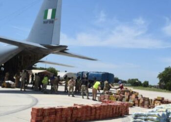 NAF airlifts relief materials donated by First Lady to Borno flood victims