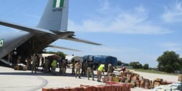 NAF airlifts relief materials donated by First Lady to Borno flood victims