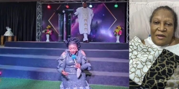 Eucharia Anunobi kneels in church to beg for donations for ailing colleague Ngozi Nwosu